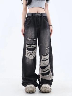 Jean gothique noir taille haute pour femmes, Vintage, mode coréenne Y2k, Streetwear, pantalon déchiré, Harajuku, décontracté, jambes larges, Denim