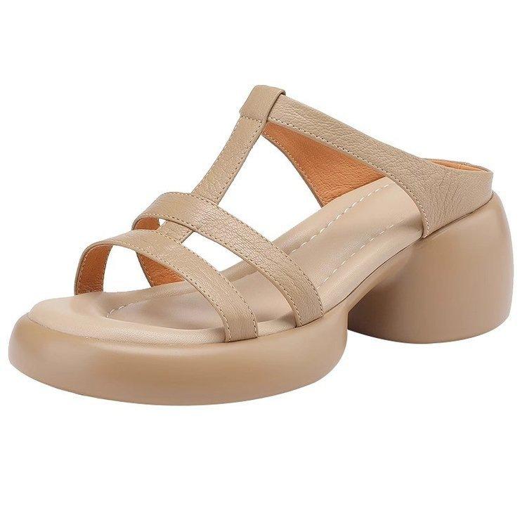 Soft leather high heels women's summer 2025 new versatile soft sole retro muffin thick bottom open toe thick heel sandals