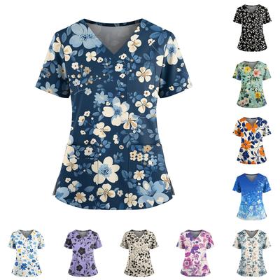 Damen Casual Bedrucktes V-Ausschnitt Taschen Seitennaht Schlitz Kurzarm Top