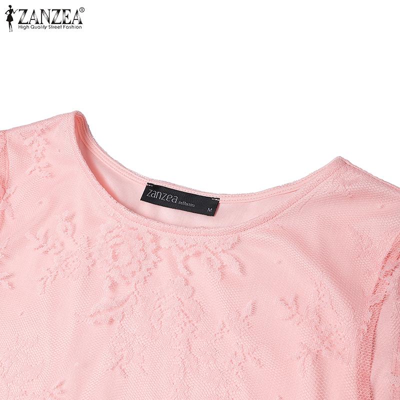 ZANZEA Women Summer Round Neck 3/4 Sleeve Hollow Lace Patchwork Blouse