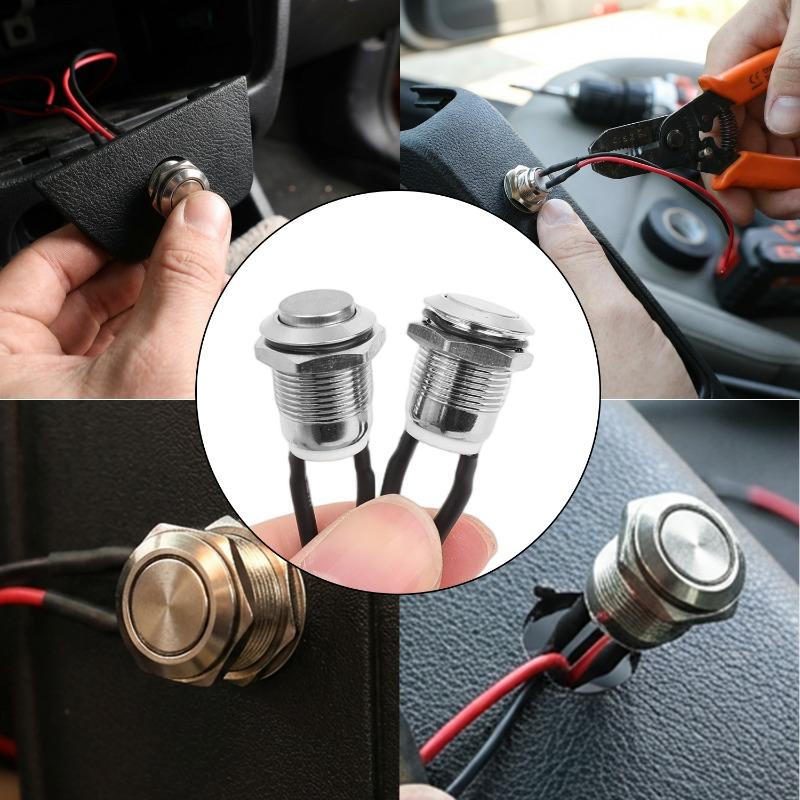 12mm Momentary Push Button Switch 12V Waterproof Power Pushbutton Small Round Chrome Stainless Metal 2pin N/O Switch Cable