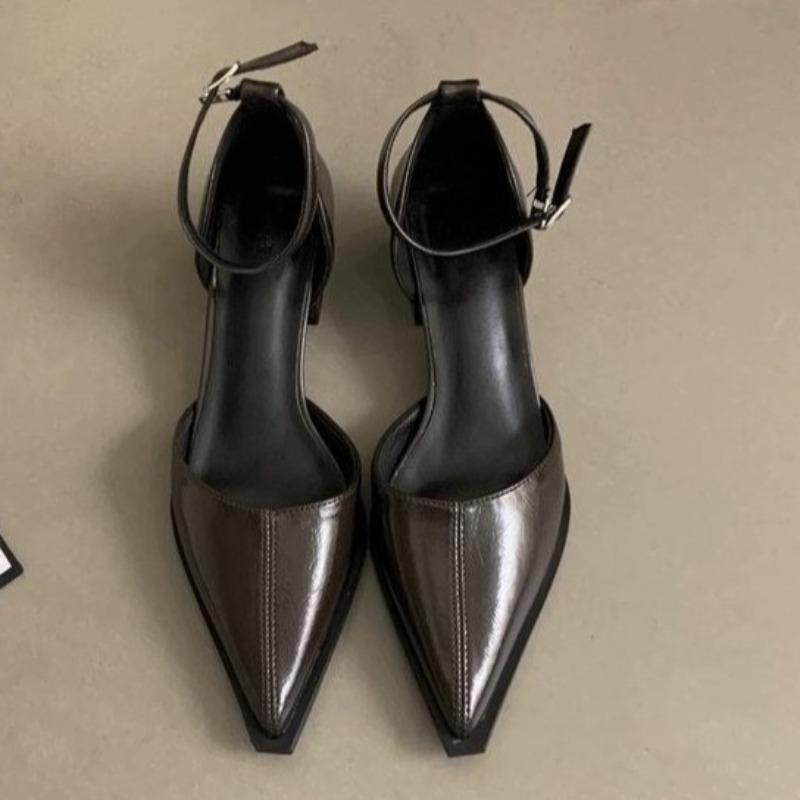 

Fashion Low Heel Single Shoes Summer New Pointed Toe Shallow Mouth Metal Slip Strap Soft Sole Non-slip Square Heel Shoes 39 темно-коричневого