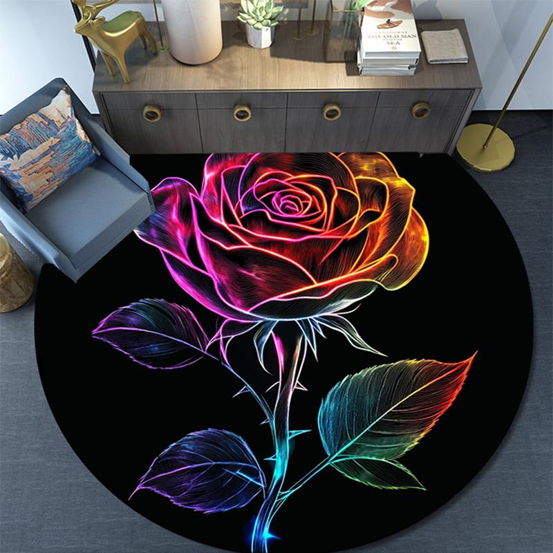 Rainbow Rose Round Area Rug,Carpet Rug for Living Room Bedroom Sofa Playroom Decor,Non-slip Floor Mat