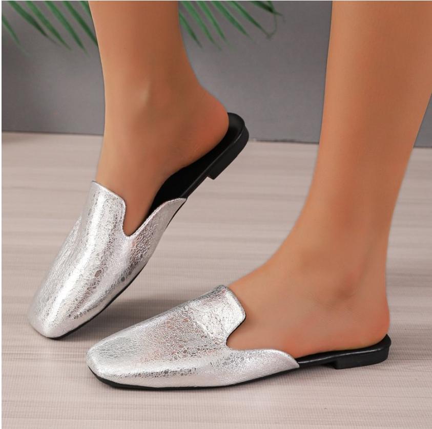 

модная летняя женская обувь для отдыха на открытом воздухе плоские тапочки квадратный носок закрытый носок туфли для женщин слипоны нескользящие модные сандалии 35 серебряный