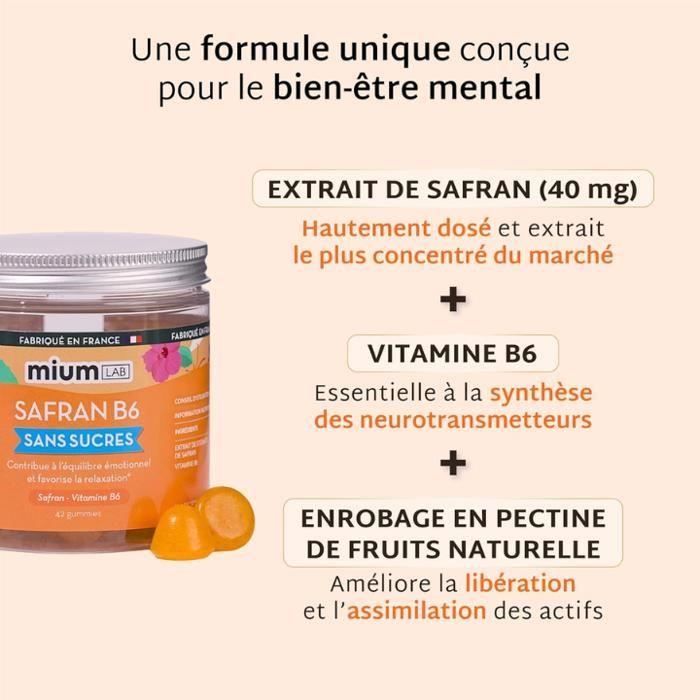 Mium Lab - Gummies Safran &; Vitamin B6 Sans Sucres - Équilibre Émotionnel &; Entspannung - Goût Pêche et Hibiscus - 42 Gummibärchen