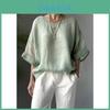 Camicia da donna in cotone e lino, vestibilità larga, con scollo rotondo e maniche corte, per un look casual primaverile