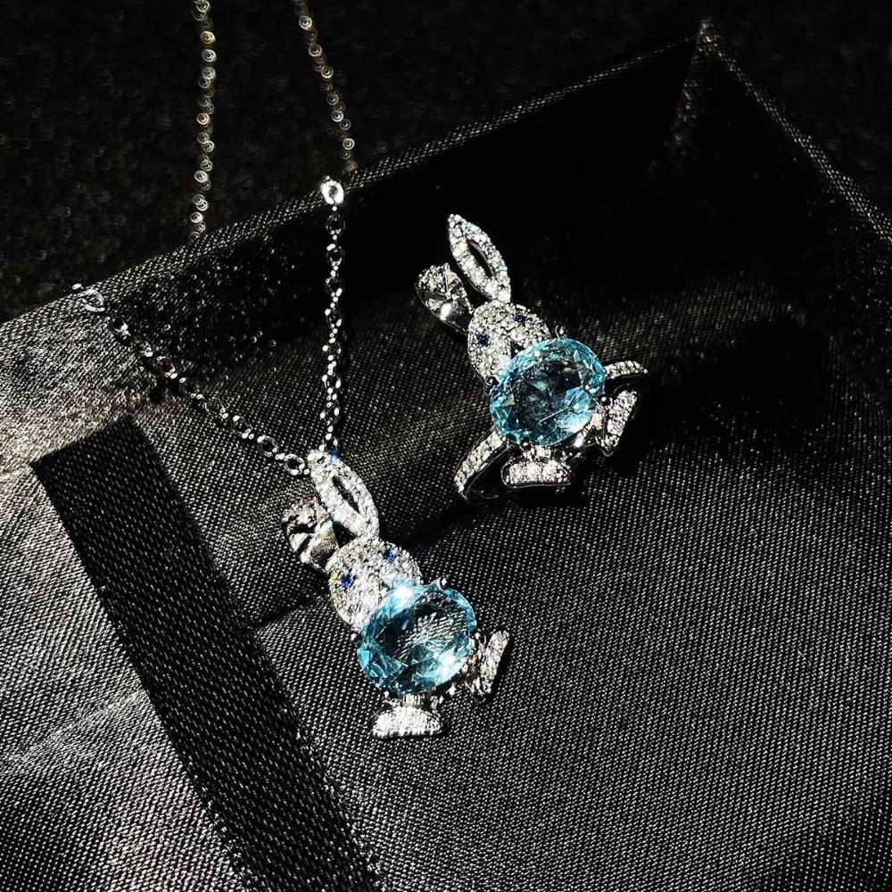 Women Jewelry Set Cute Rabbit Earrings with Micro Pave Diamonds Sky Blue Topaz Pendant Openable Bunny Ring