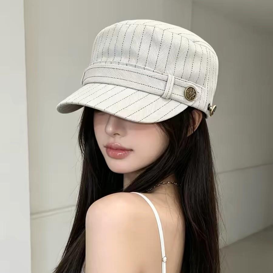 Retro Striped Pleated Cloud Octagonal Hat Children Spring And Autumn Casual Literary Beret Showing Small Face