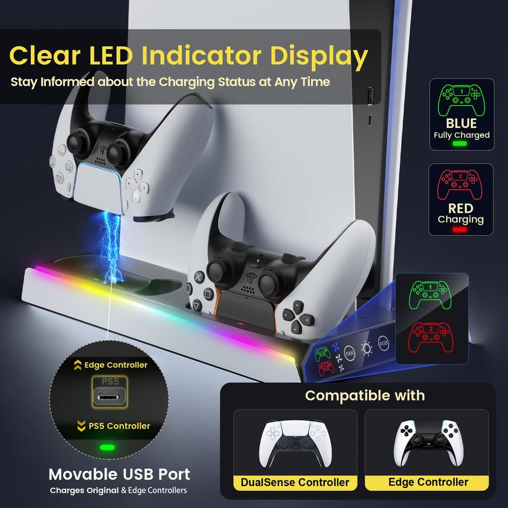 PS5 Slim PS5 Slim Vertical Cooling Stand with 3 Adjustable Air PS5 Controller 2 Controllers Simultaneously Charging Indicator Compatible with both the