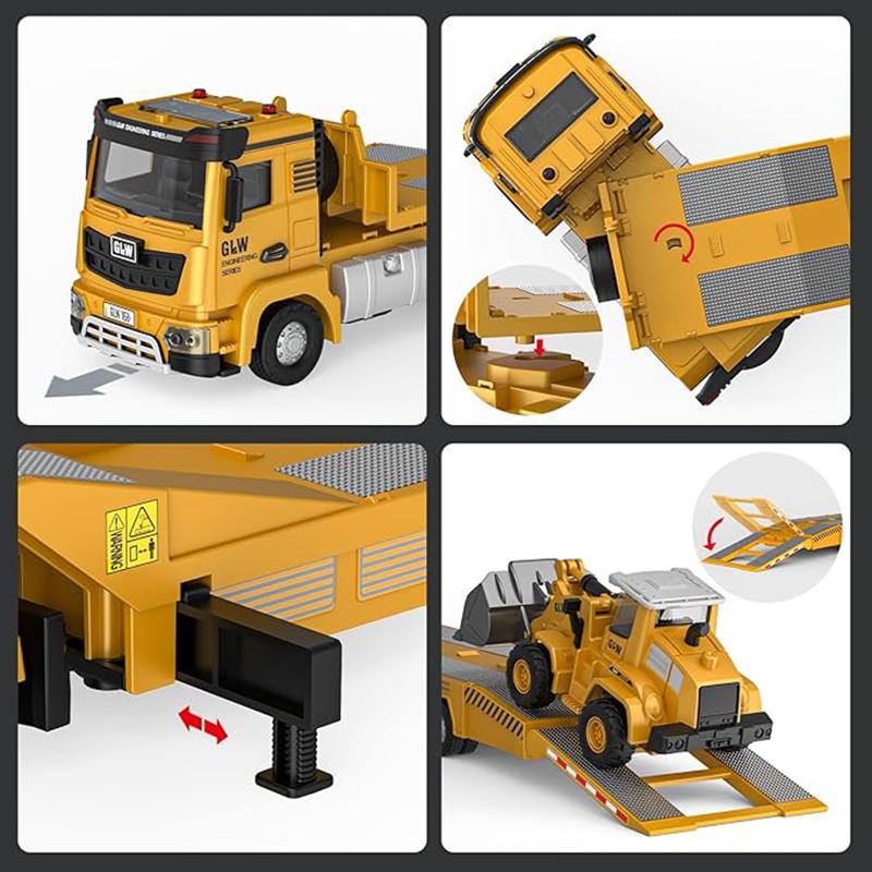 1:40 Light And Sound Simulation Engineering Trailer Truck With Bulldozer Excavator Alloy Toys Diecast Construction For Boys Gift
