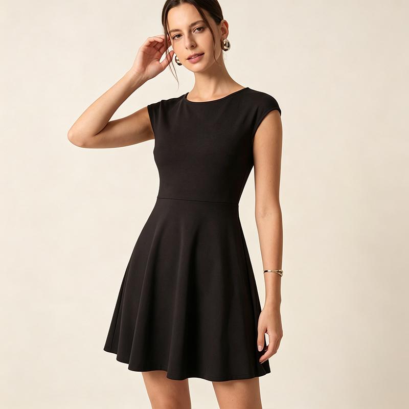 Women s Classic Black Cap Sleeve A-Line Dress, Casual Round Neck Flare Skater Dress, Elegant Workwear & Party Mini Dress S