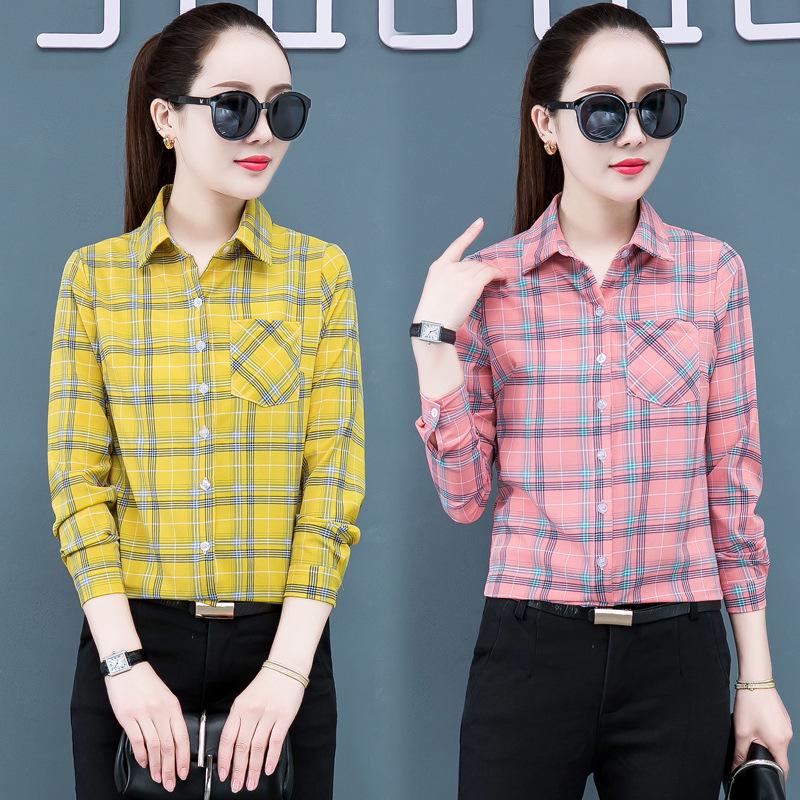 2025 Women's Korean Style Plaid Slimming Shirt - Casual Long Sleeve Print for Spring & Autumn Students