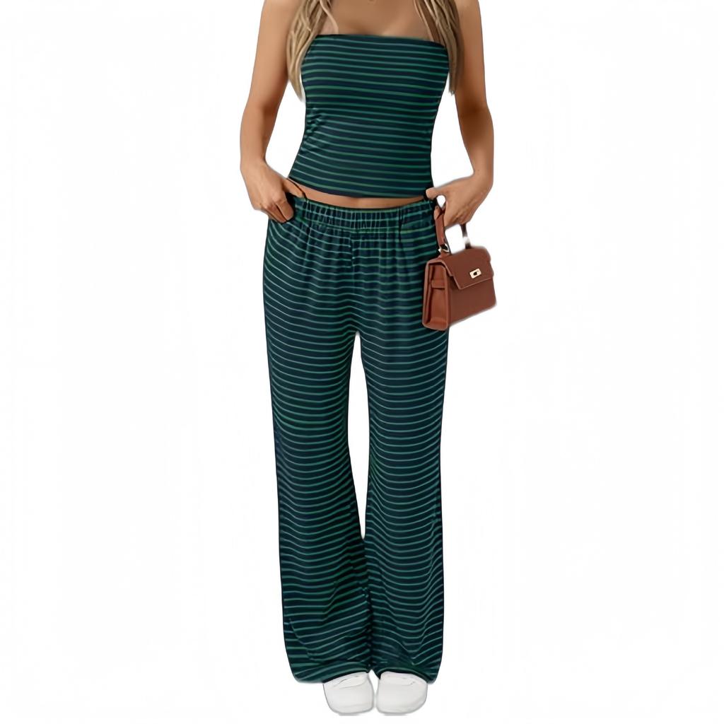 Damen gestreiftes Schlauchtop und weite Hosen 2-teiliges Outfit lässig mit Kordelzug Taille Loungewear Set