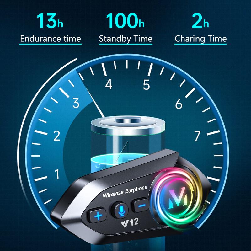 V12 Motorcycle Bluetooth Headset IP56 Waterproof Helmet Communication System with Noise Reduction and FM Radio