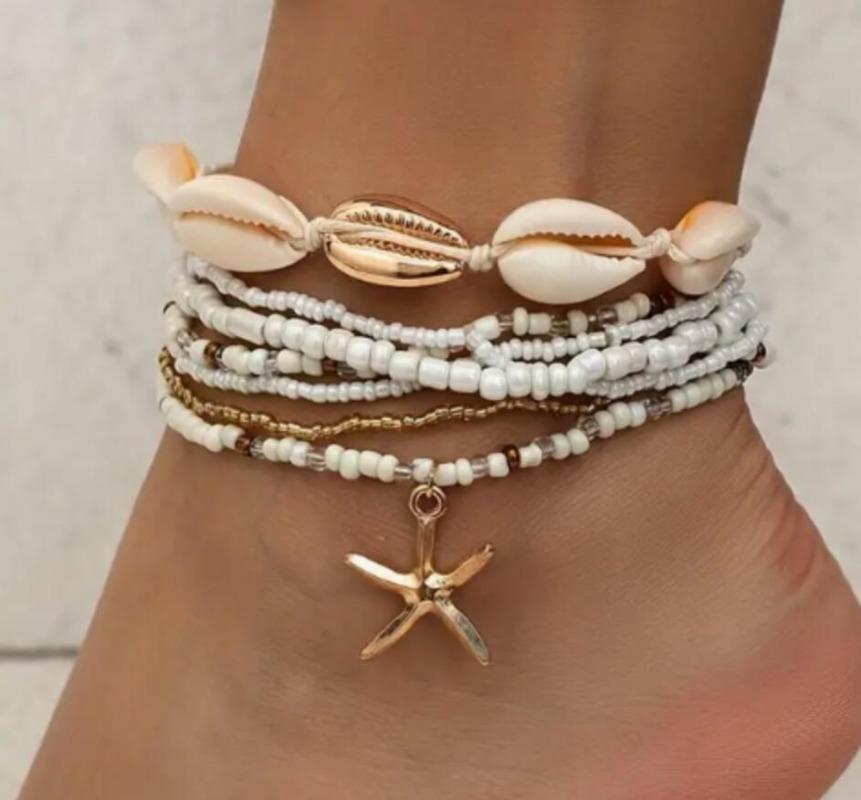 New Ankle Chain, Shell, Small Starfish, Turtle, Rice Bead, Irregular Turquoise Bead, Seaside Vacation Style Foot Accessory