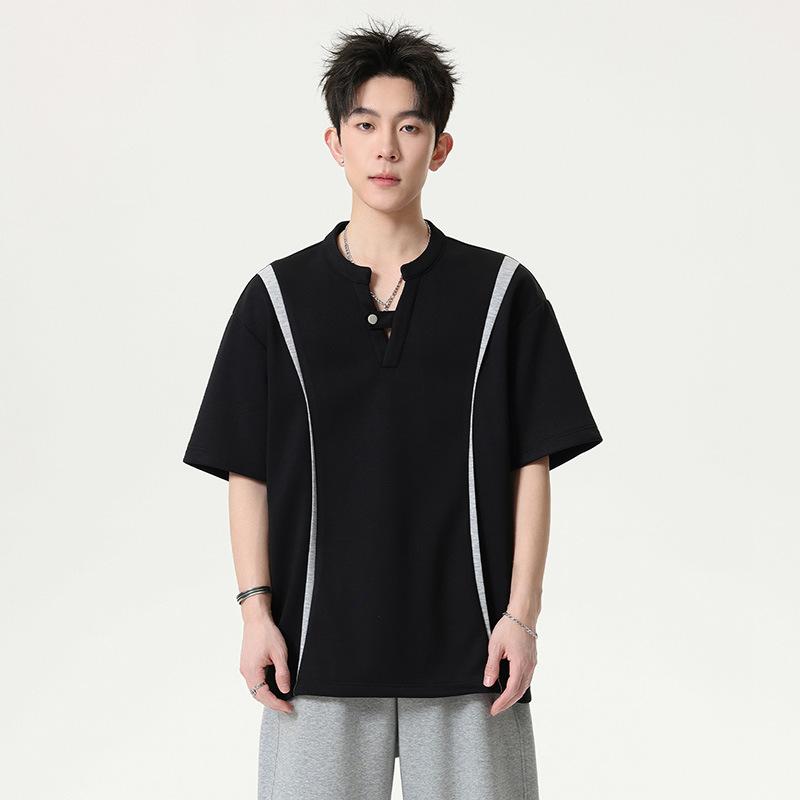 Men s Minimalist Aesthetic Henley Neck Streetwear T Shirt M чёрный