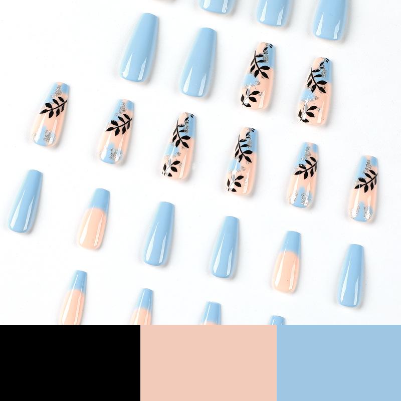 24Pcs/Set Quick Nails Long Gold Foil Leaves False Nials Sticker Wearable Waterproof Manicure Finished Nails