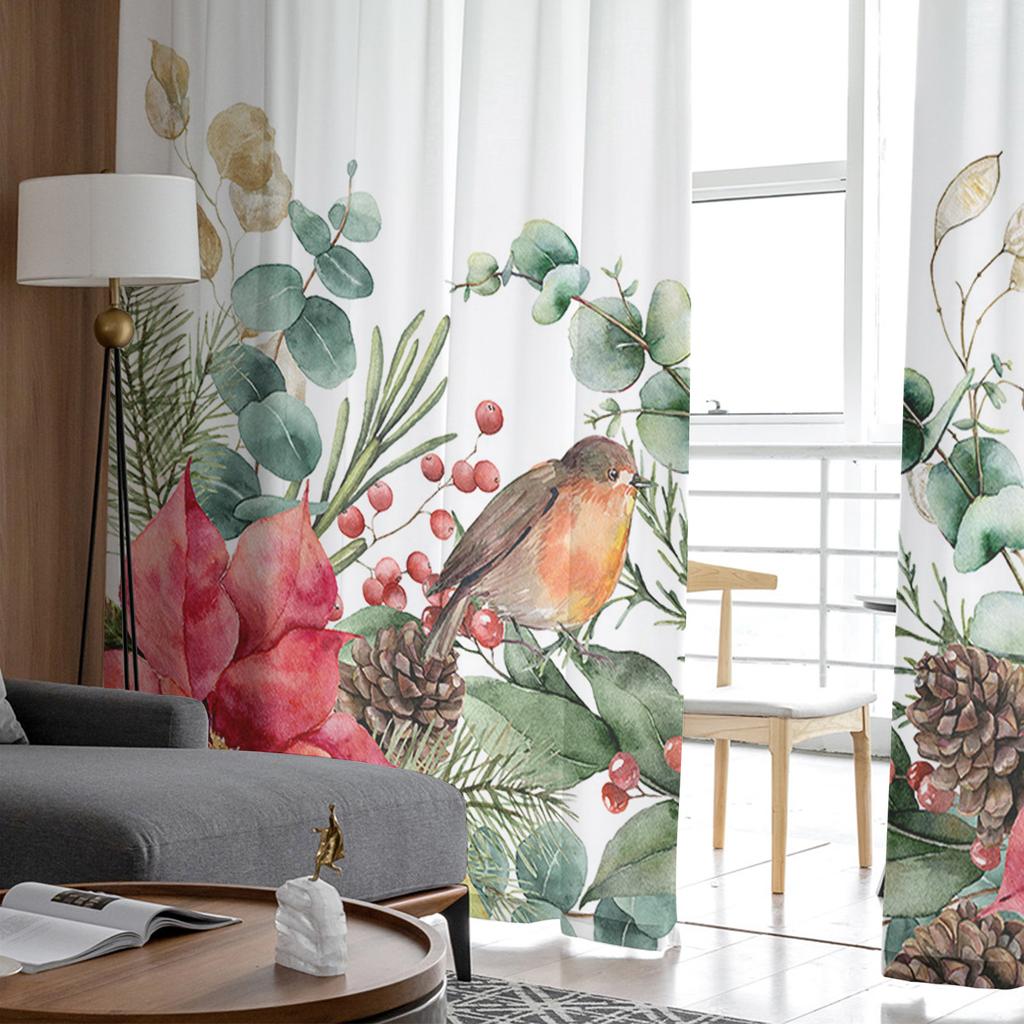 Christmas Fir Tree Robin Poinsettia Winter Tulle Window Curtain Voile Organza Valance Living Room Bedroom Decor Sheer Curtains