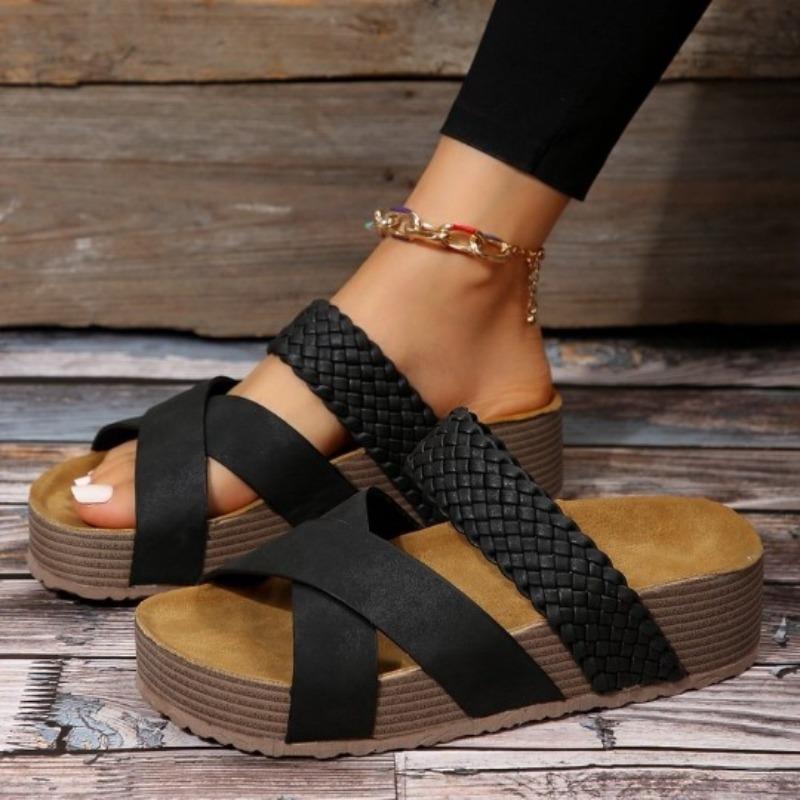 

Large size casual sandals women s new flat-bottomed thick-soled cross-woven solid-color women s sandals 35 чёрный