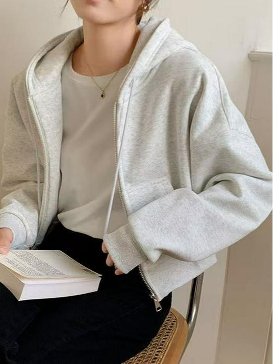Korean Style Women's Hooded Cardigan Sweatshirt - Autumn & Winter, Loose Fit, Zipper, Lazy Style