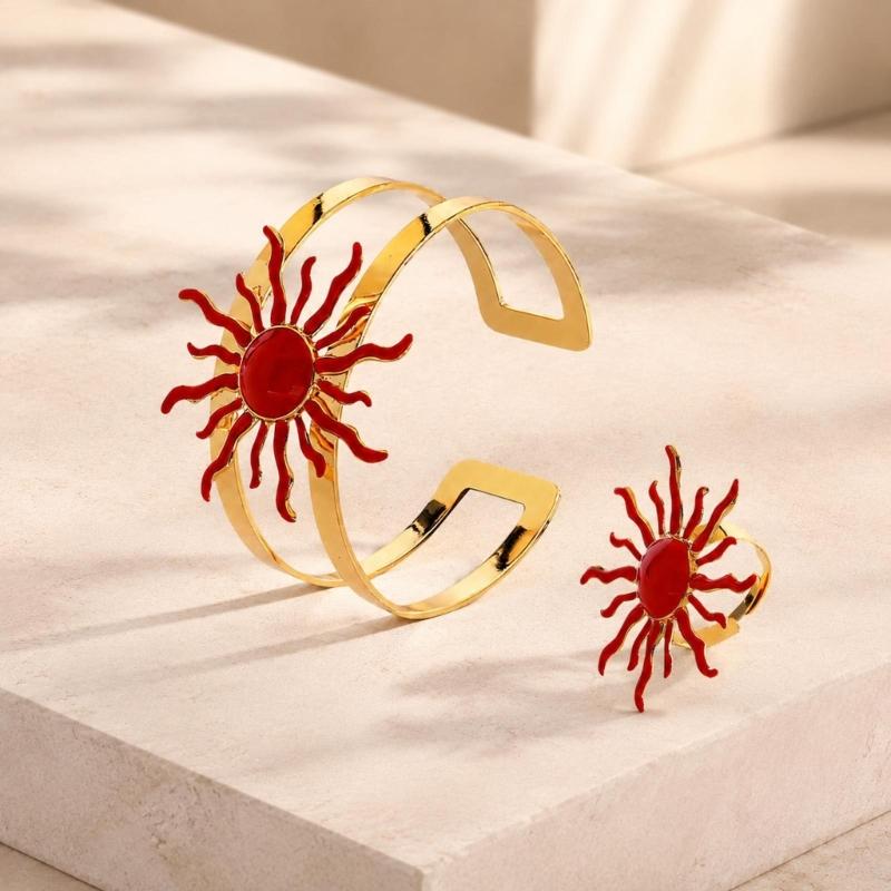 Adjustable Jewelry Set with Sun Design Bracelet and Ring, Matching Two Piece Accessory for Party Styling and Gifts