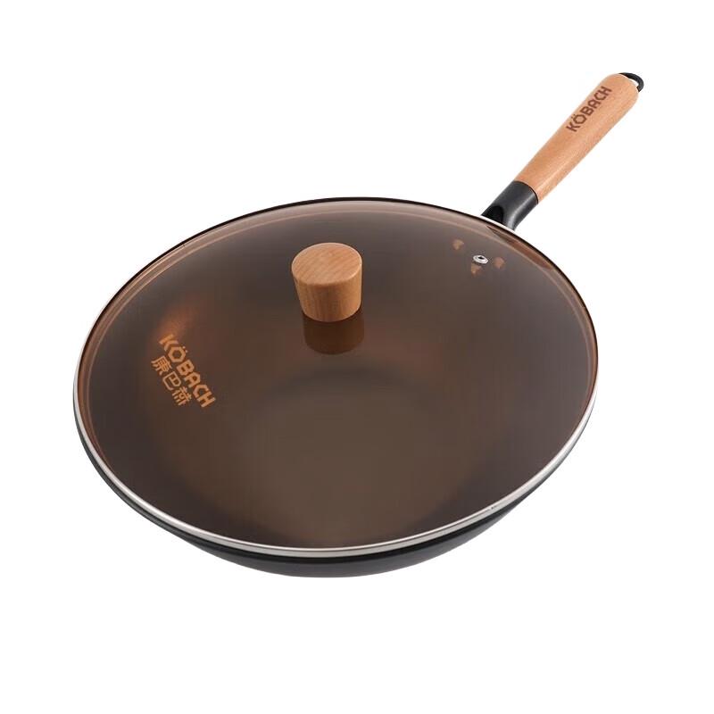 KÖBACH 32cm Non-Coated Flat-Bottom Iron Wok with Lid