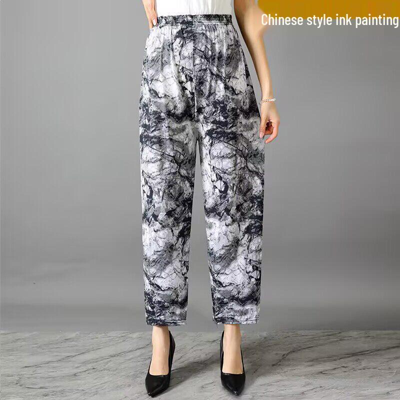 Ice Silk Floral Wide-Leg Pants for Middle-Aged and Elderly Women - Large, Loose, Casual, Straight-Leg Design