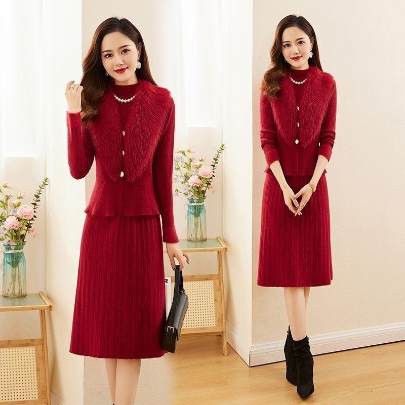 Two-piece Knitted Dress Set for Women Solid Color Long-sleeved Sweater Casual Pullover Warm Pullover Dress Knitwear