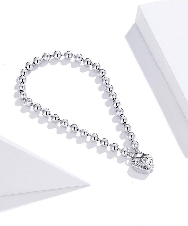 European & American Sterling Silver White Gold Plated Beaded Bracelet, Unisex, Versatile, S925, SCB203
