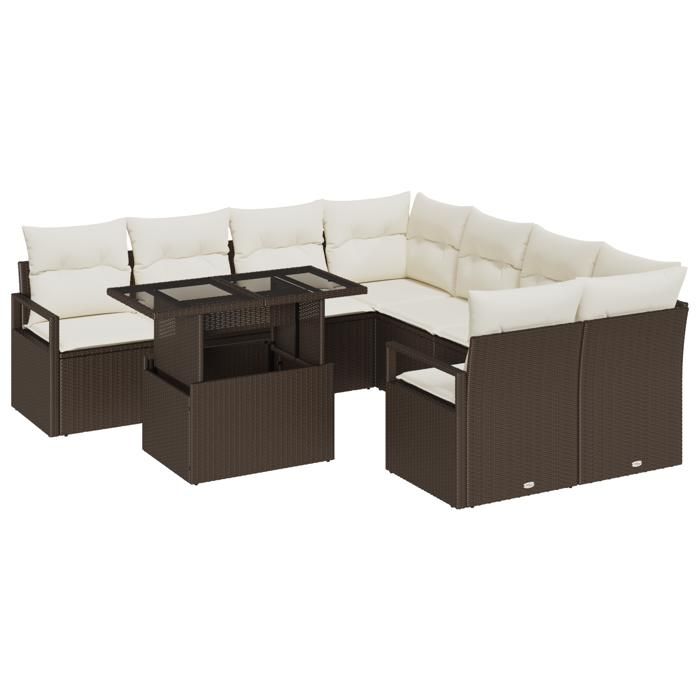 Ensemble de Sofa de Jardin vidaXL 9 Pièces avec Coussins Marron Rattan Poly, Sofa de Jardin 2 Places vidaXL avec Rangement 3357531