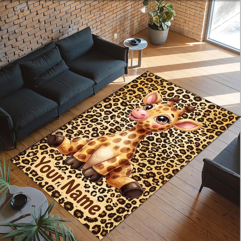 Leopard Theme Crystal Velvet Floor Rug Personalized Custom Name Text Warm Carpet Home Decoration