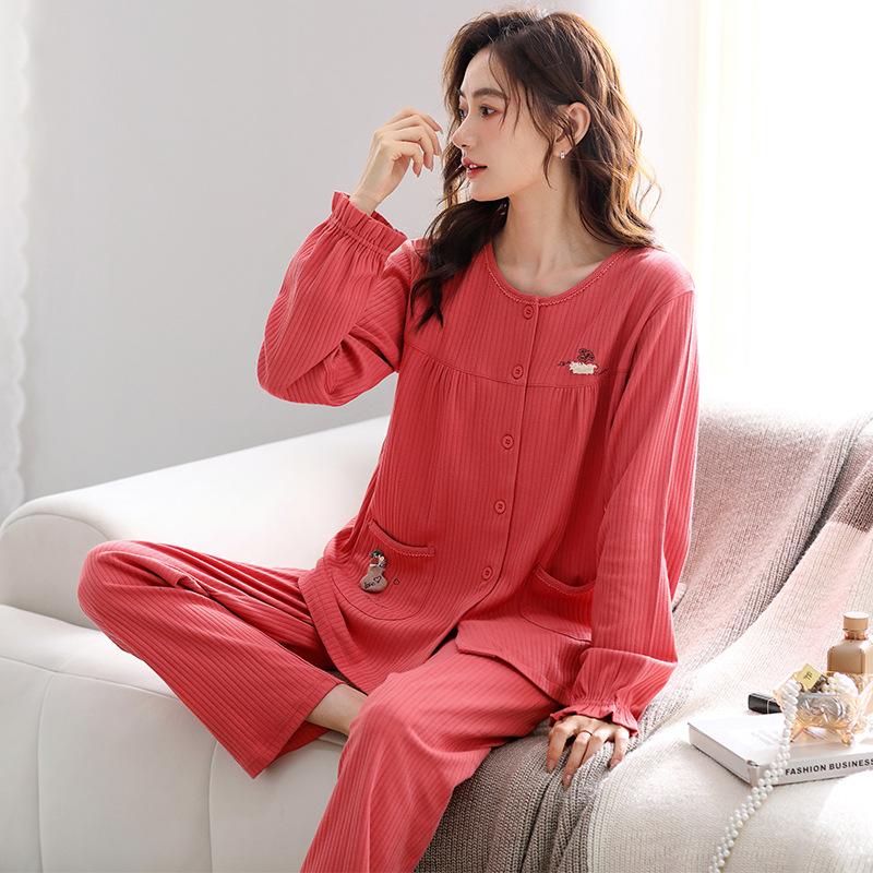 Pajamas Women'S Long Sleeve Cotton Crew Neck Cardigan Simple Casual Large Size Cotton Loungewear Autumn Set