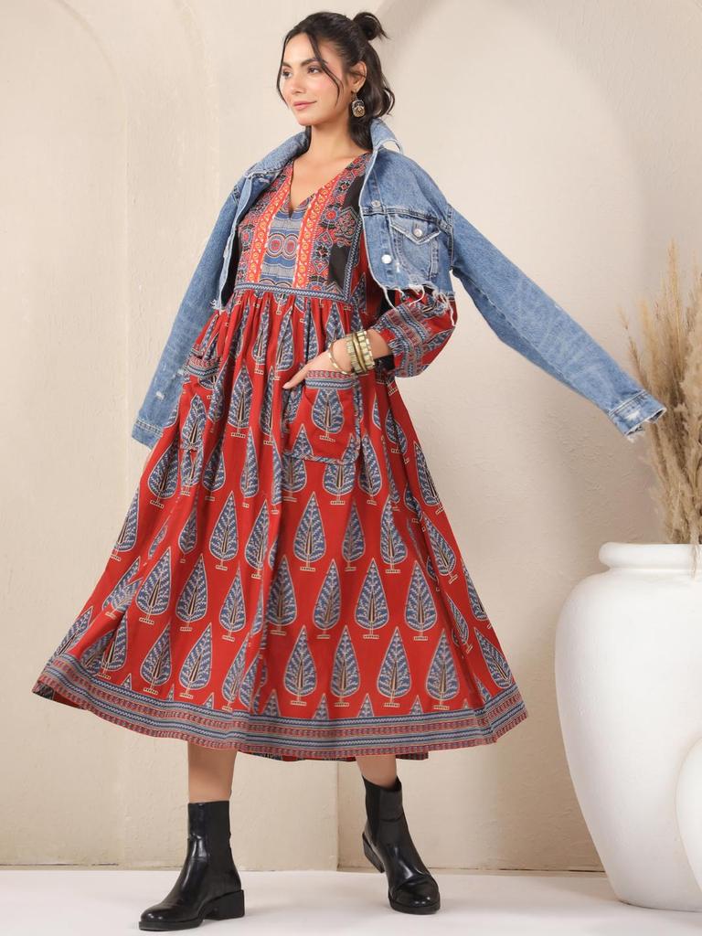Hand Block Printed Dress Midi Cotton Floral Dress Boho Chic Holiday Summer Indian Cotton Dress Handmade In India Jaipuri Dress with Pockets