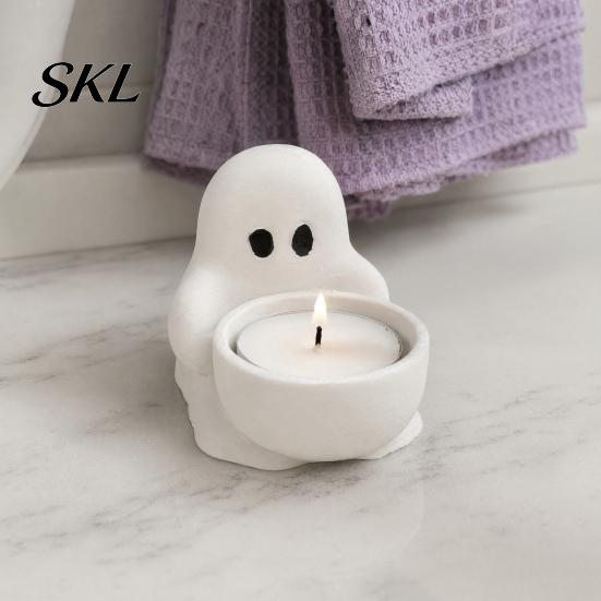 Ghost Themed Home Decoration Halloween Candle Holder, Cute 3D Printed Tea Light Holder for Decor Scented Candles, Small Tabletop Candy Dish
