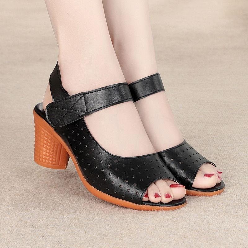 Classic Pu Open Toe Sandals With Block Heel And Velcro Strap For Adult Women Summer Wear