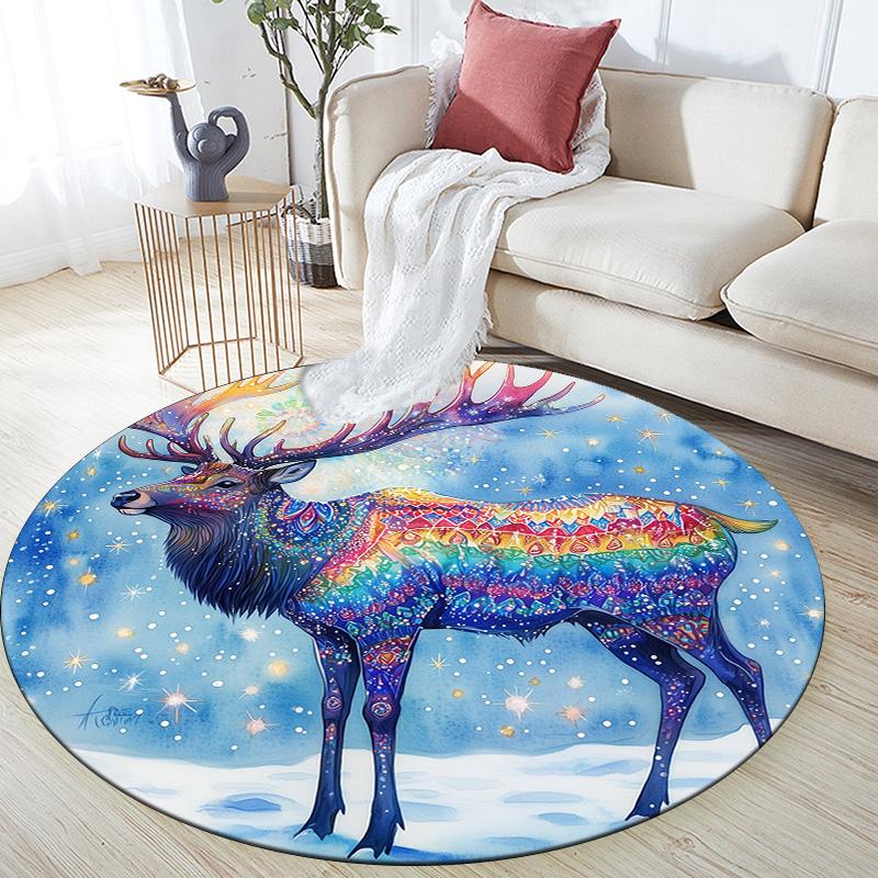 Colorful Deer,Round Area Rug,Carpet Rug for Living Room Bedroom Sofa Playroom Decor,Non-slip Floor Mat