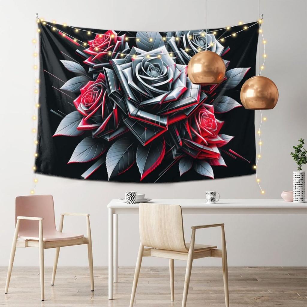 Florale Blume Wandteppich Aschgrauer Hintergrund Wandkunst Rosen Wandteppiche Pflanze Botanisch Natur Wandbehang Schwarz-Weiß Stil