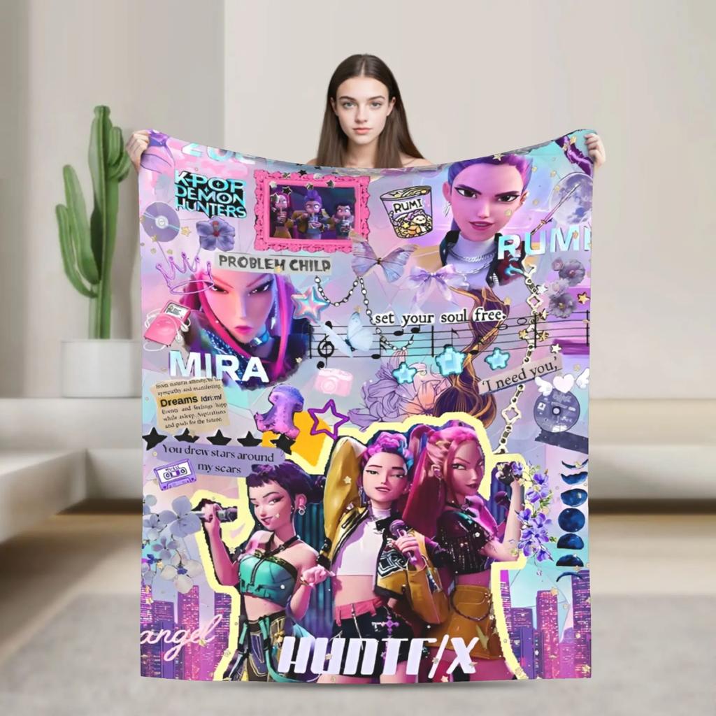 Kpop Demons Huntrix Hunters Flannel Throw Blanket Rumi Mira Joey Creative Bedspread Rug xcm Soft Cozy