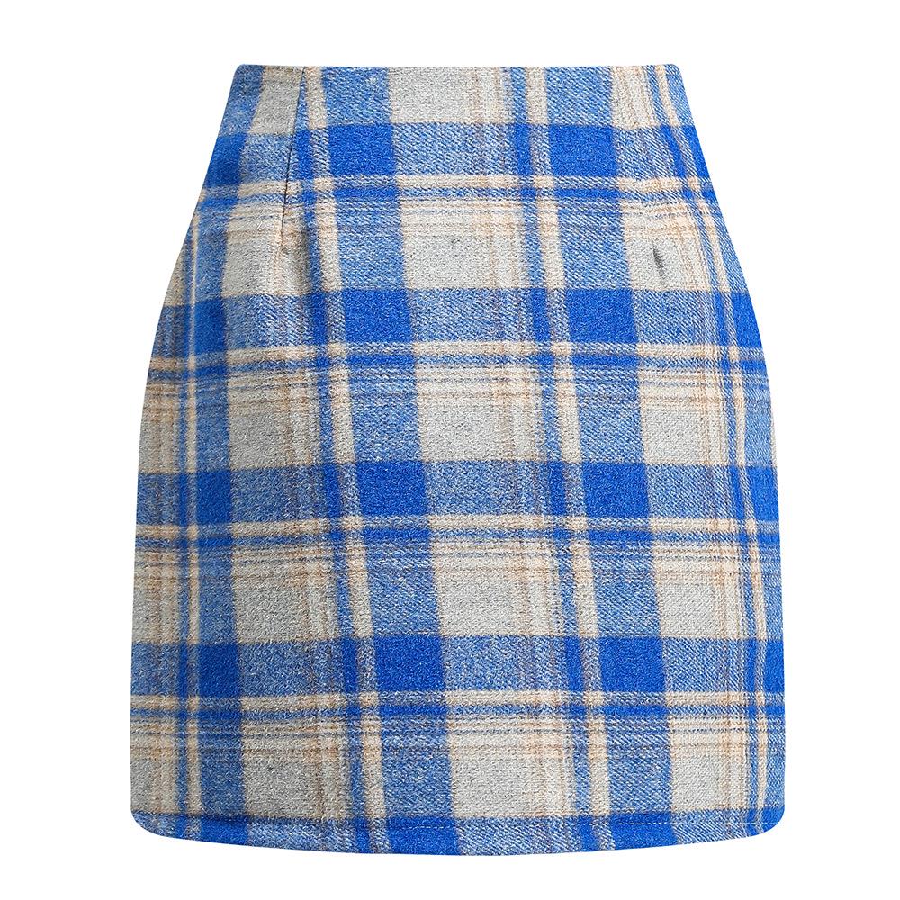 Women's High Waist Plaid Wool Pencil Mini Skirt