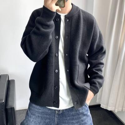 Men's Autumn Solid Color Knit Simple Handsome Sweater Youth Round Neck Design Cardigan Jacket