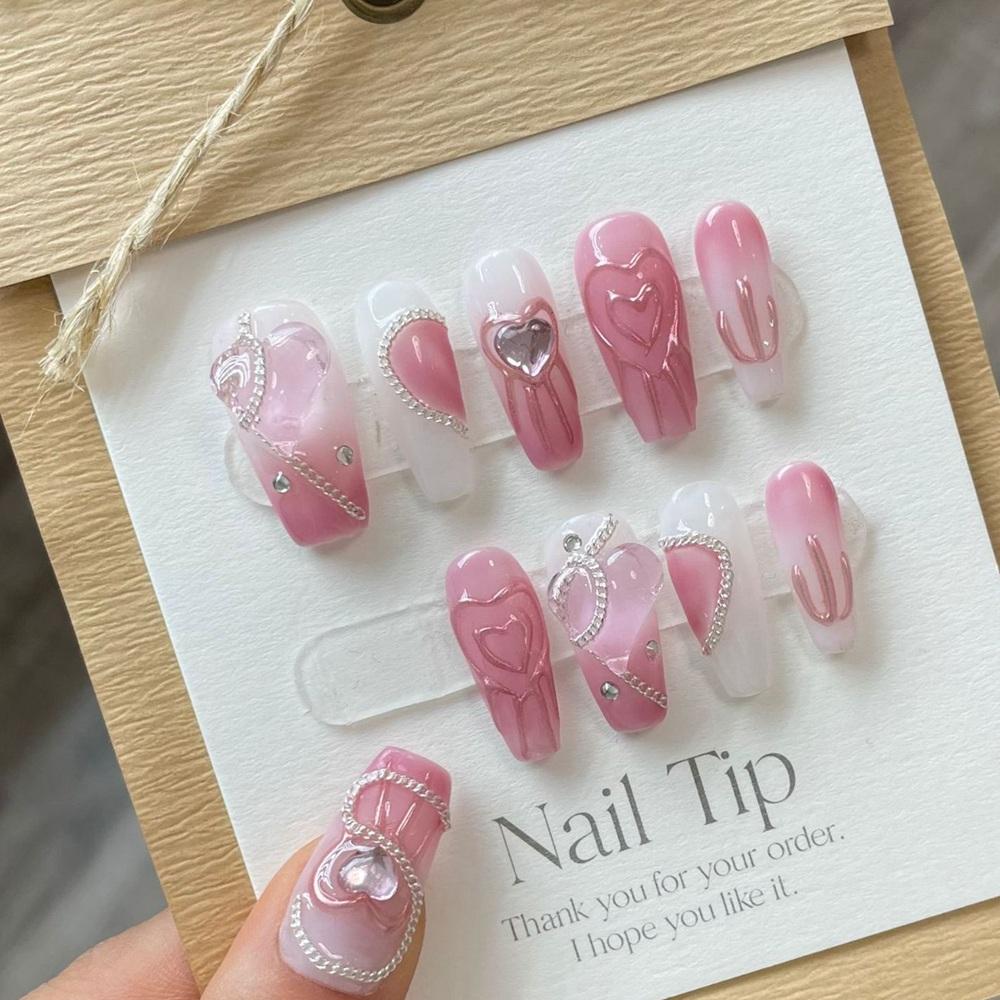 Pink Heart Handmade Press On Nails With Glue Reusable False Nails Professional Manicure Artificial Nail Tips Art