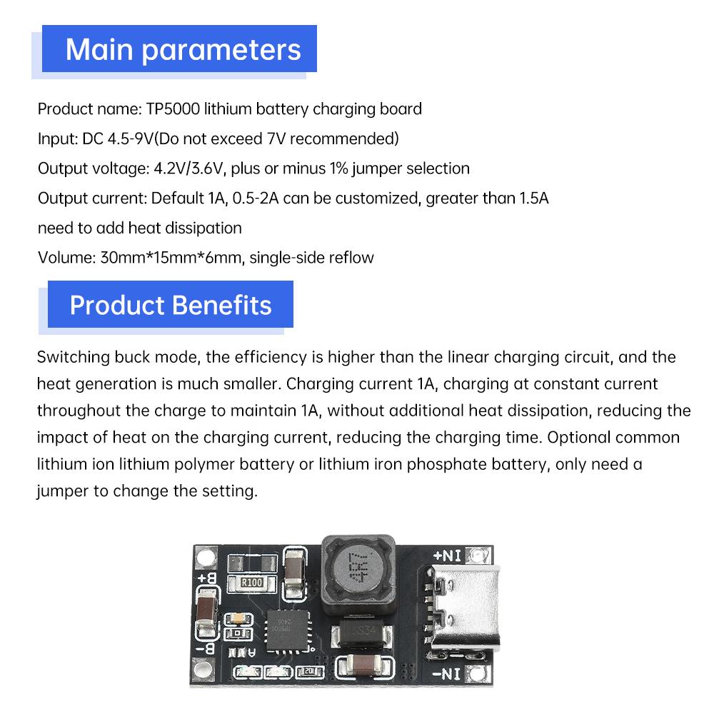 5PCS DC 4.5-9V TP5000 4.2V/3.6V 1A Li-ion Battery Charging Board Module Charging Management Power Module Board Type C