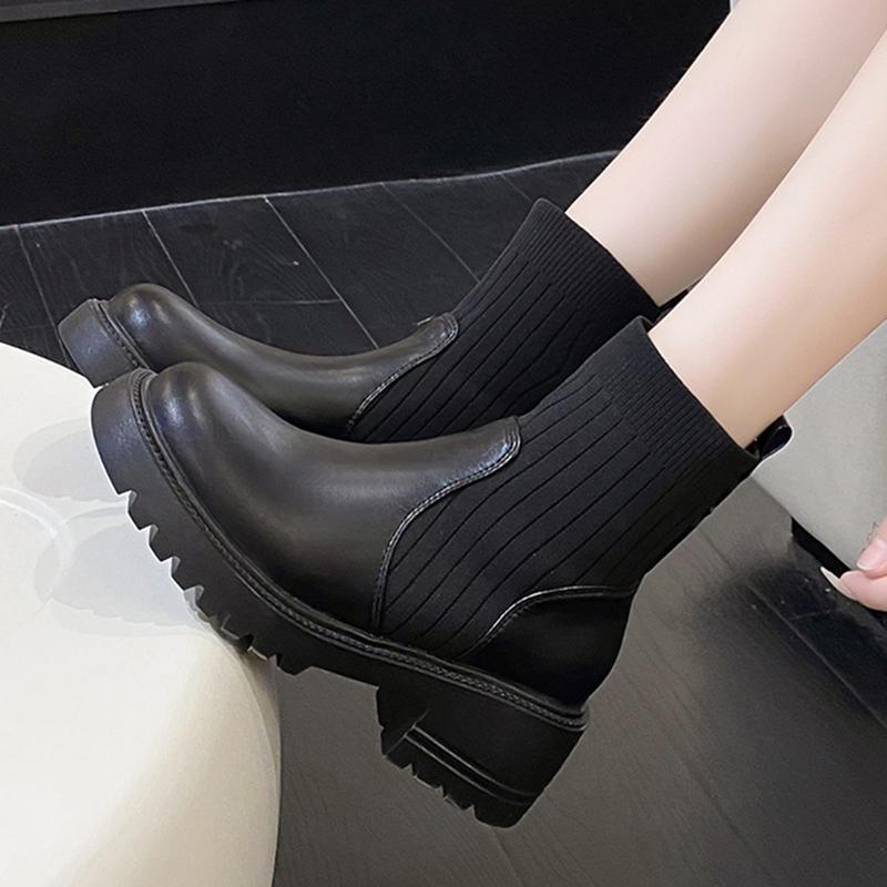 fashion Rimocy Women's Fashion Platform Ankle Boots Autumn Winter Chunky Heels Knitting Short Boots Woman Slip On PU Leather Botas Mujer