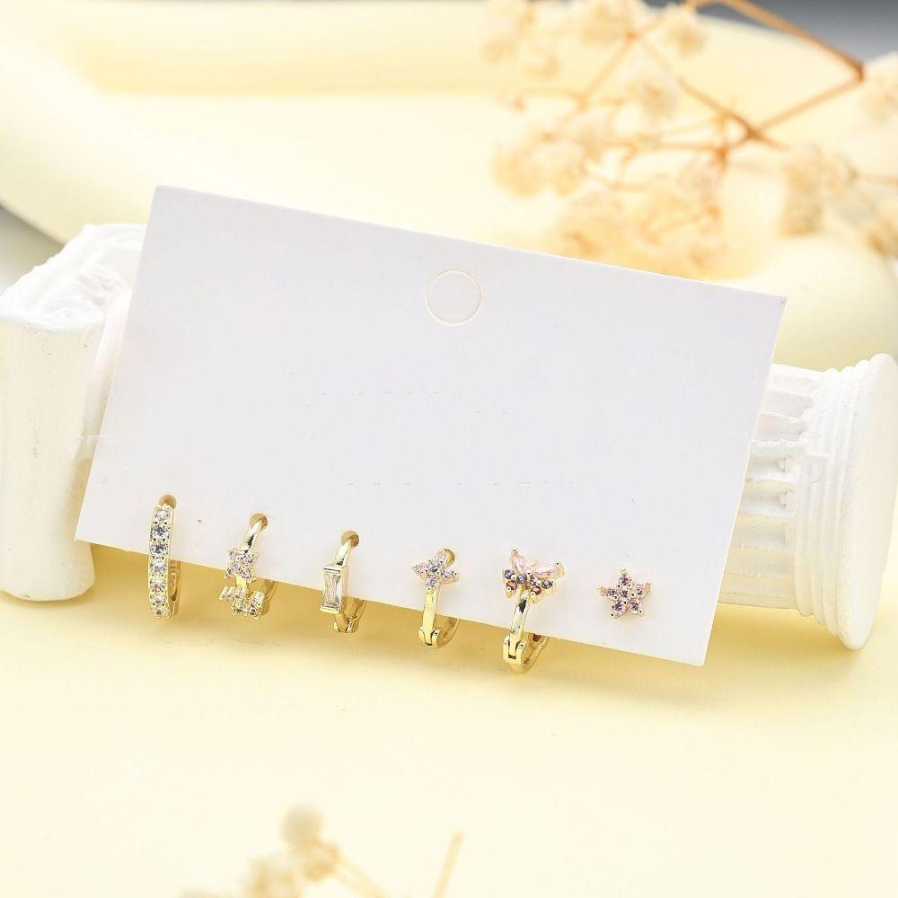6Pcs Copper Flower Butterfly Earrings Hook Piercing Crystal Ear Studs Zircon Earring Set  Ladies