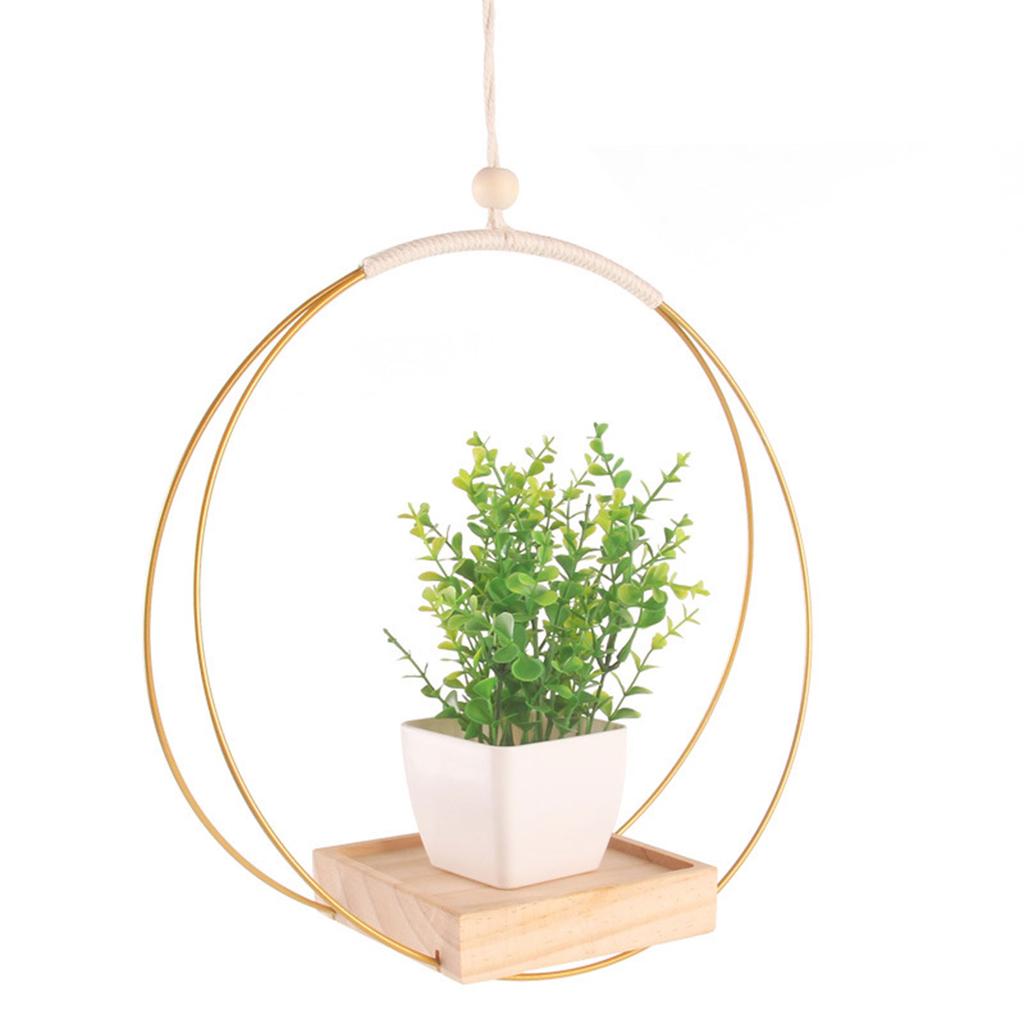 Macrame Hanging Basket Holder Golden Flower Pot Hanger Hanging Plant Wooden Hanging Basket for Indoor Outdoor Garden