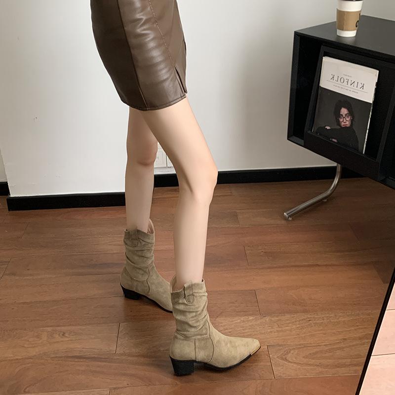 2025 new brown chelsea velvet and ankle boots medium tube pleated boots pointed thick heel short boots children autumn and winter