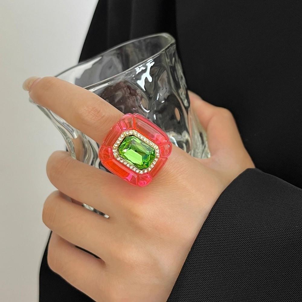 New Colorful Rhinestones Ring Three-dimensional Elegant Jewelry Finger Ring Geometric Square Ring Jewelry Accessories