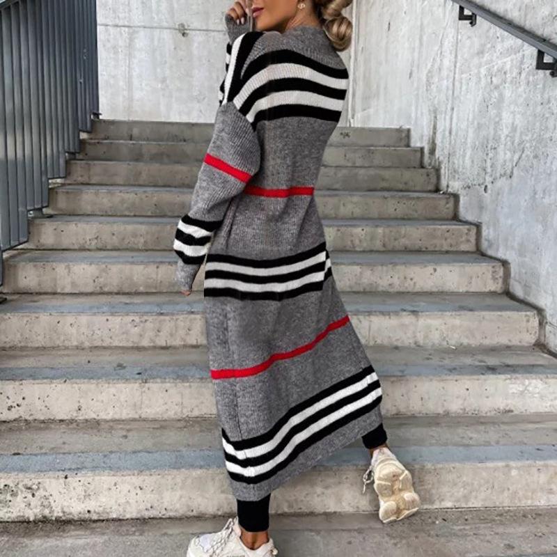 Maglione cardigan lavorato a maglia a righe lunghe da donna autunno e inverno