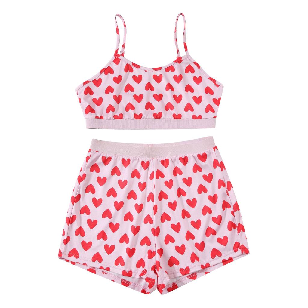 Women's Sexy Slim Printed Suspender Split Boxer Shorts Cool Pajamas Sexy Navel Exposed Suit (Two Piece)