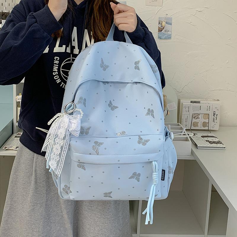 Schoolbag: Korean-style Girls' Butterfly Print Student Commuter Backpack, Large Capacity, Middle School Backpack, Hot Seller for Middle and High